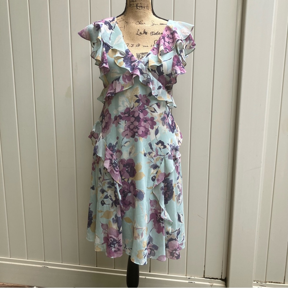 Lauren Ralph Lauren Georgette dress midi green/lavender 4 wedding guest - Picture 2 of 9